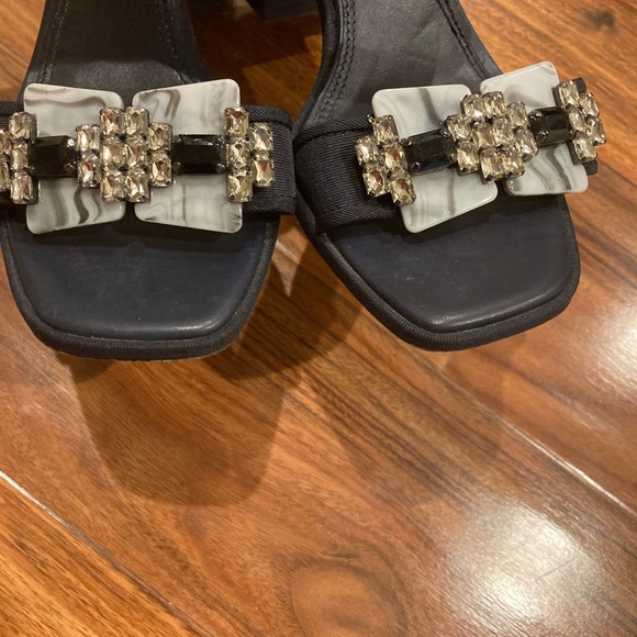Tory Burch Delany Sandal Navy Leather embellished Block Heels SZ 7.5 - Picture 7 of 13